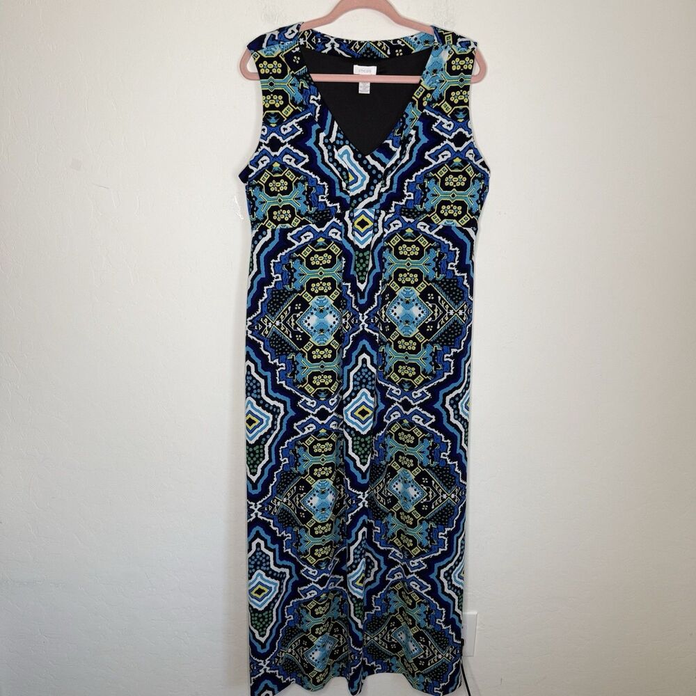 Chicos Women’s Sz 2 Jersey Stretch Empire Waist Colorful Ikat Maxi Dress Mature
